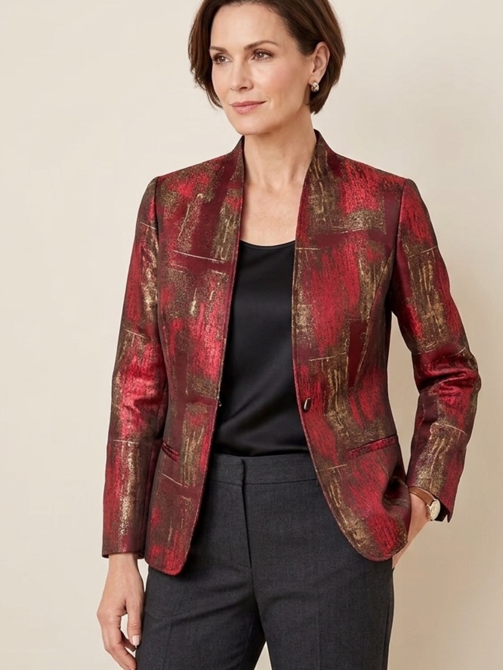 Coldwater Creek Women's Long Sleeve Red Patterned Jacket w/ 1Hook Closure Size M